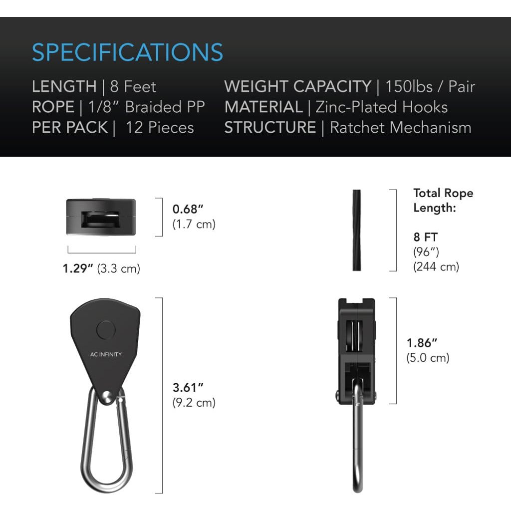 AC Infinity Heavy-Duty Adjustable Rope Clip Light Hanger — 6 Pairs