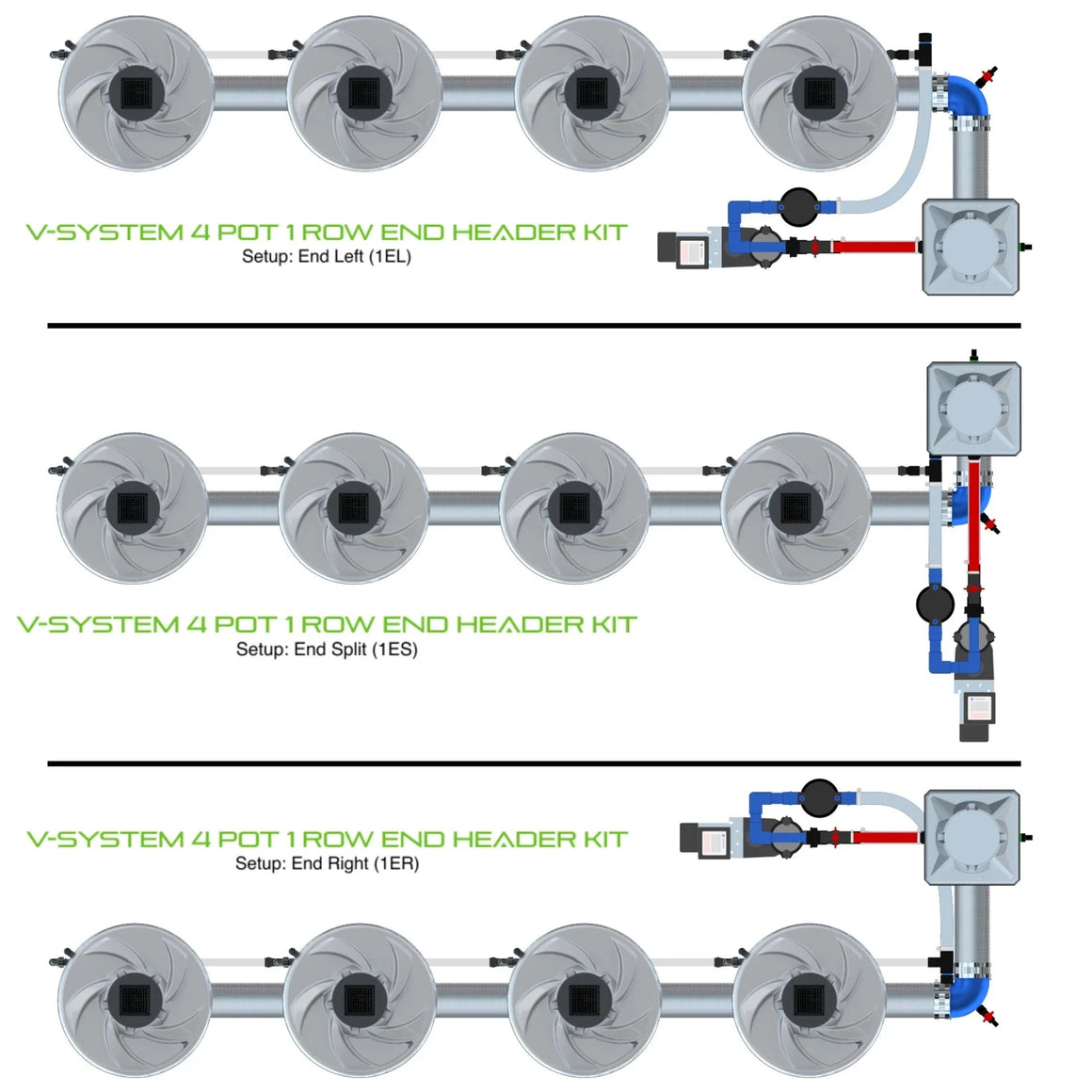 Alien Hydroponics V-System DWC - 4 Pot 1 Row Header End Header