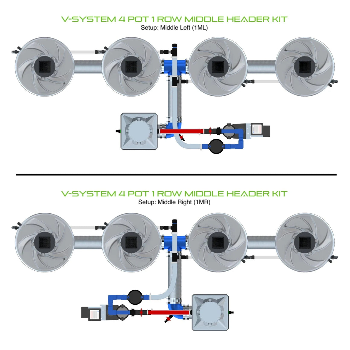 Alien Hydroponics V-System DWC - 4 Pot 1 Row Header Middle Header